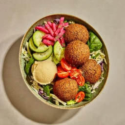 Overhead shot of a falafel bowl with hummus, sliced cucumbers, cherry tomatoes, and pickled turnips styled by Sean Dooley.