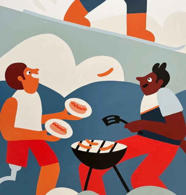 Illustration of two people grilling sausages on a barbecue, with a snowboarder in the background on snowy hills.