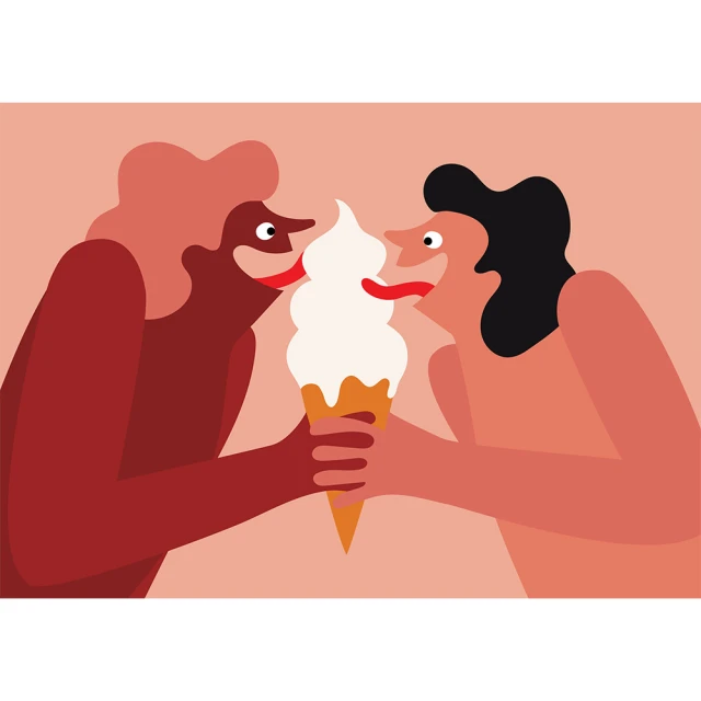 Illustration of two figures sharing an ice cream cone, with bright color palette and flat graphic design.