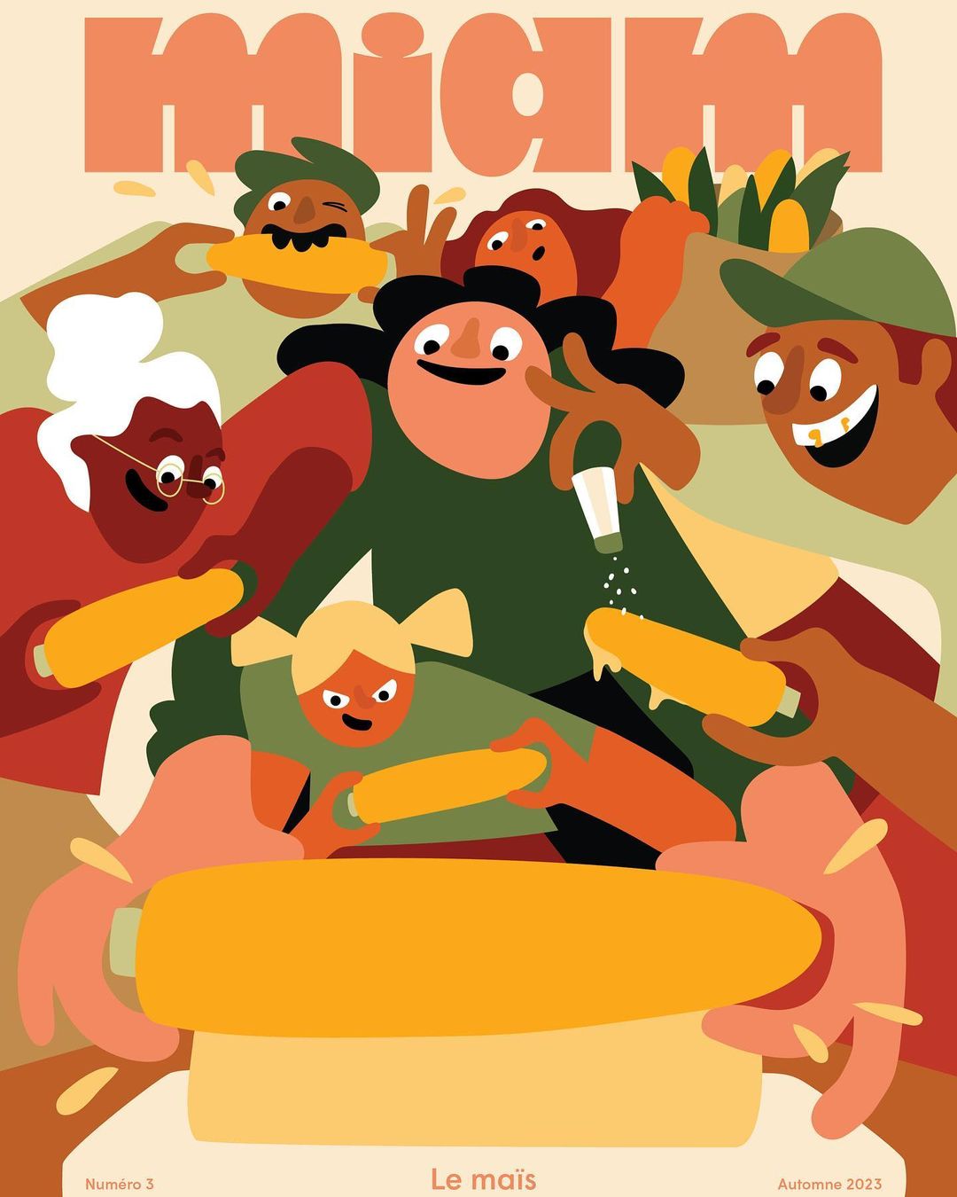 Illustrated magazine cover featuring a diverse group of people enjoying corn on the cob, set against a vibrant peach-colored backdrop.