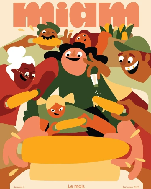 Illustrated magazine cover featuring a diverse group of people enjoying corn on the cob, set against a vibrant peach-colored backdrop.