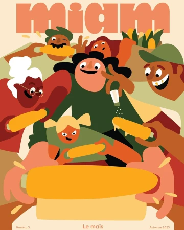 Illustrated magazine cover featuring a diverse group of people enjoying corn on the cob, set against a vibrant peach-colored backdrop.
