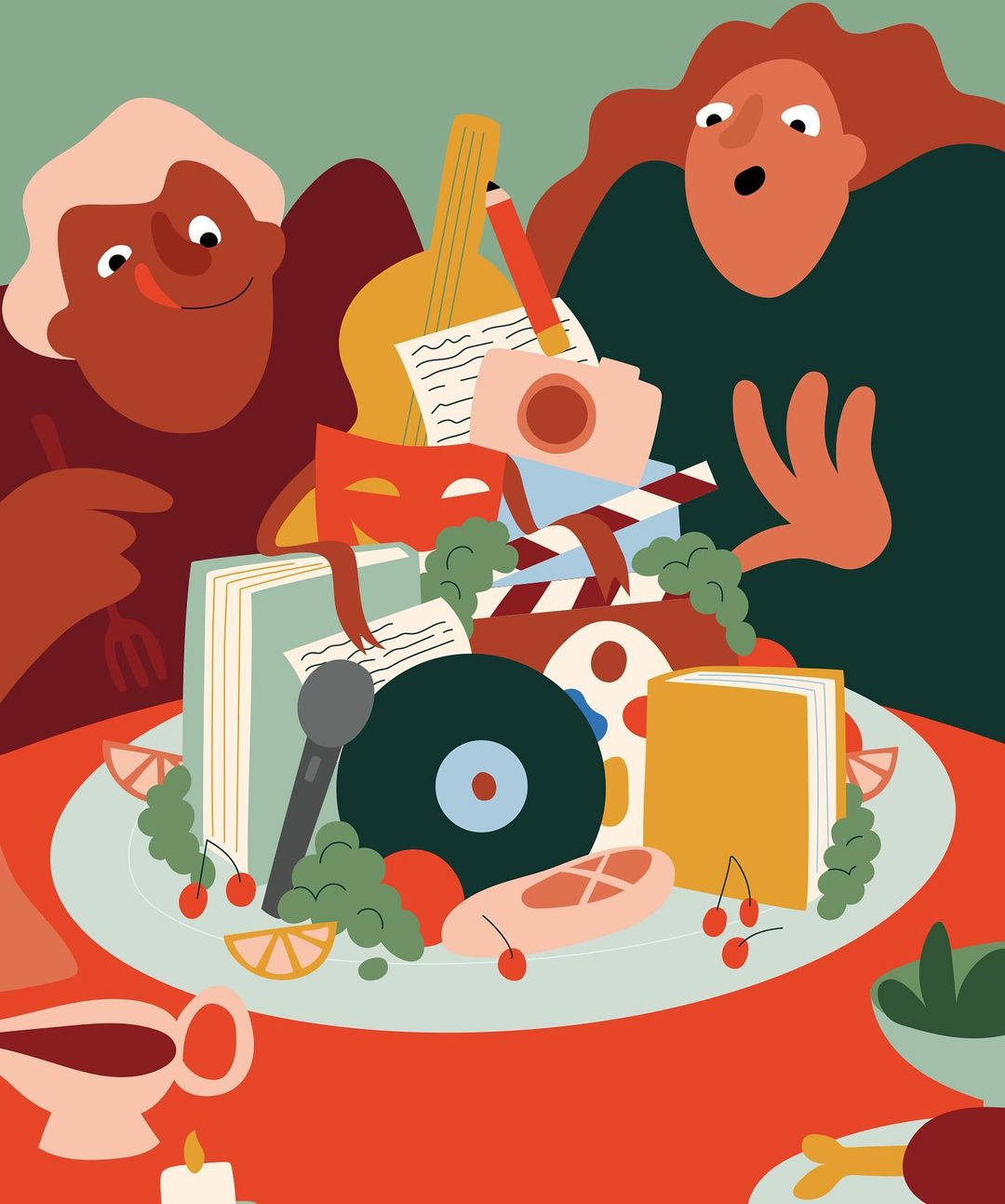 Illustration featuring two people and creative objects: a guitar, camera, movie clapper, microphone, and ballet shoes on a plate.