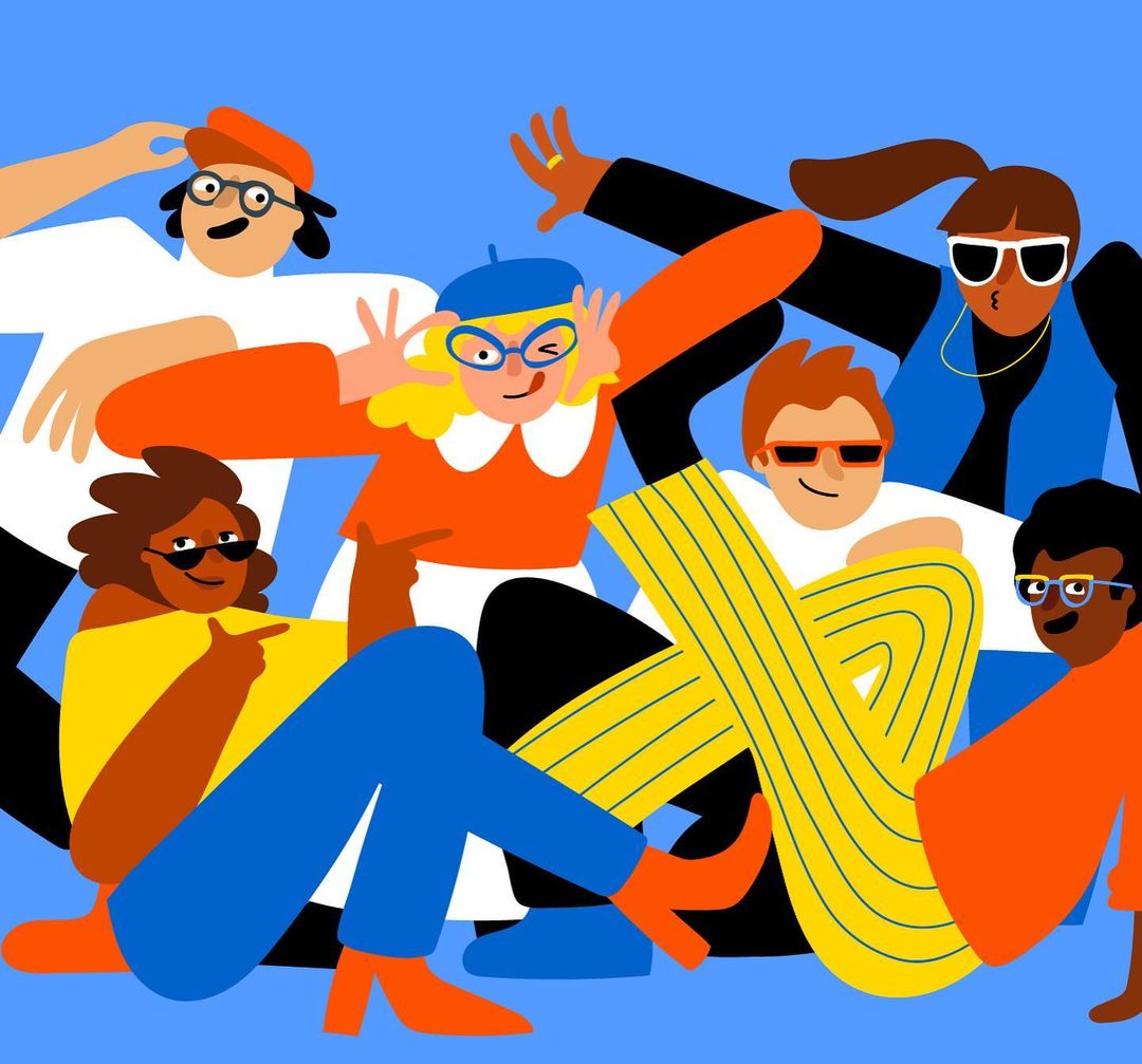 Digital illustration of a diverse group of six stylized characters posing dynamically against a solid blue background.