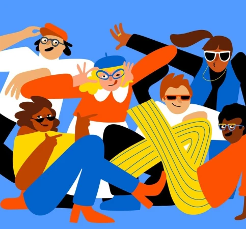 Digital illustration of a diverse group of six stylized characters posing dynamically against a solid blue background.