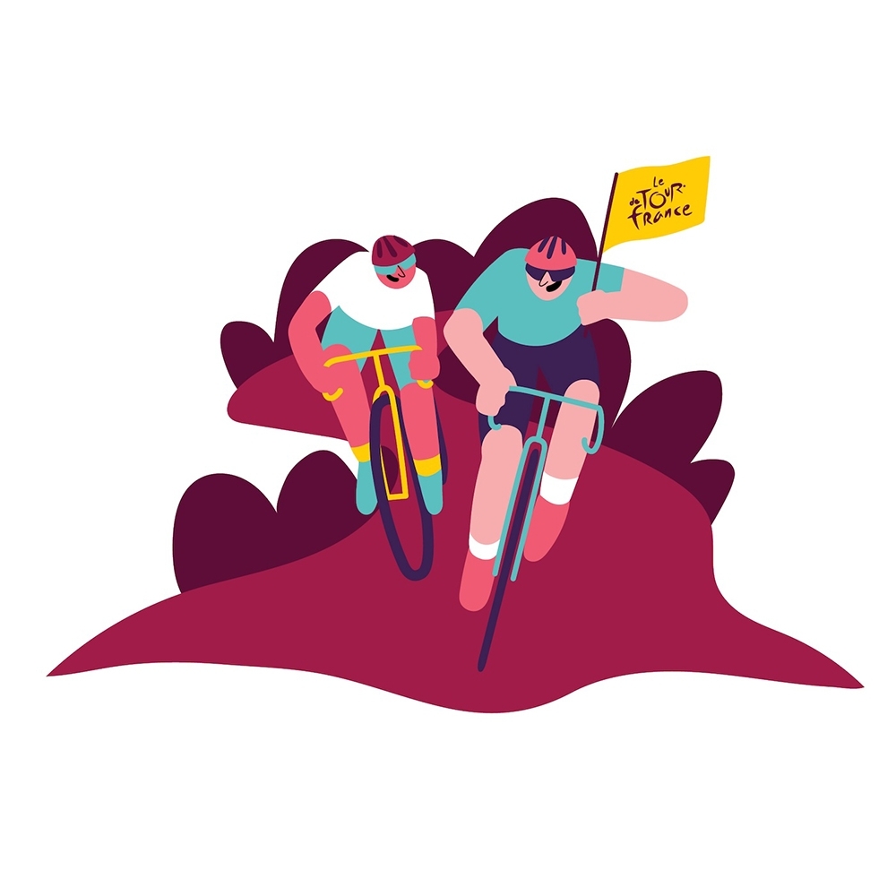 Illustration of two cyclists racing with a yellow flag of Le Tour De France against a white background with stylized red and purple ground.