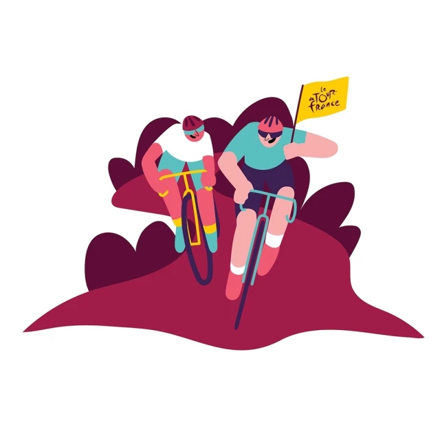 Illustration of two cyclists racing with a yellow flag of Le Tour De France against a white background with stylized red and purple ground.