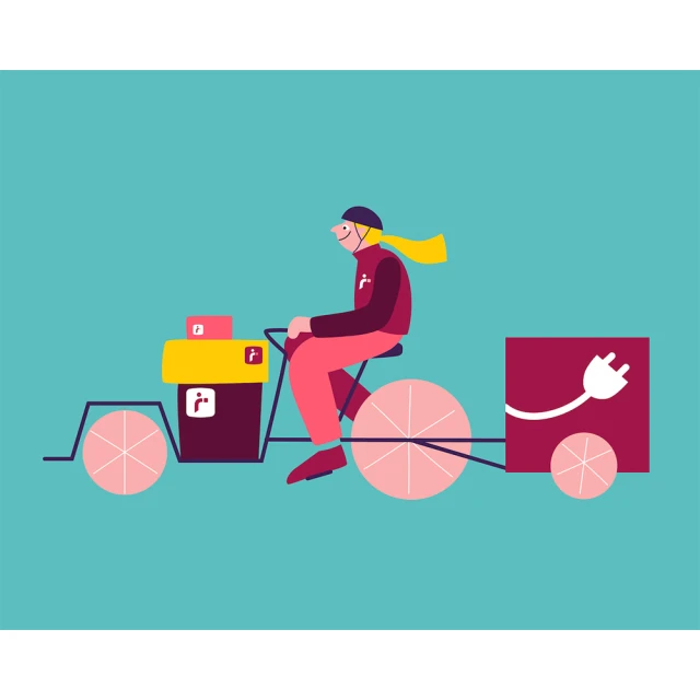 Stylized vector art: person on bicycle pulling trailer, bright teal backdrop, abstract electric plug graphic. Electric bike concept.