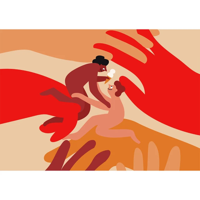 Illustration of a couple eating ice cream, rendered in a flat, graphic style with a limited color palette of reds, oranges, and beige.