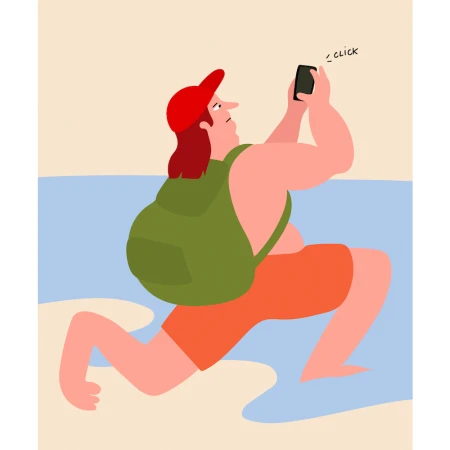 Illustration of a person on a sandy beach, wearing a red hat and orange shorts, taking a picture with a smartphone.