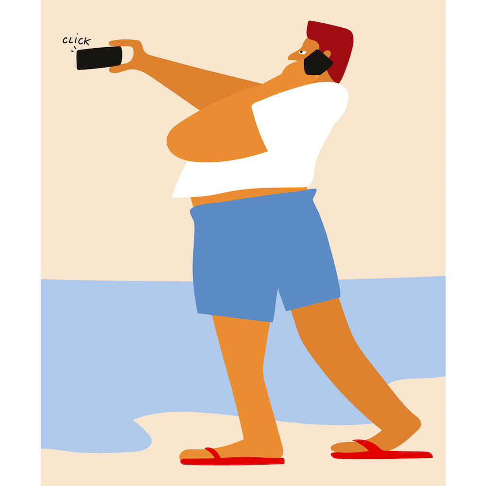 Illustration of a man taking a picture with a smartphone on a beach. He wears shorts, a T-shirt, and sandals. The ocean is behind him.