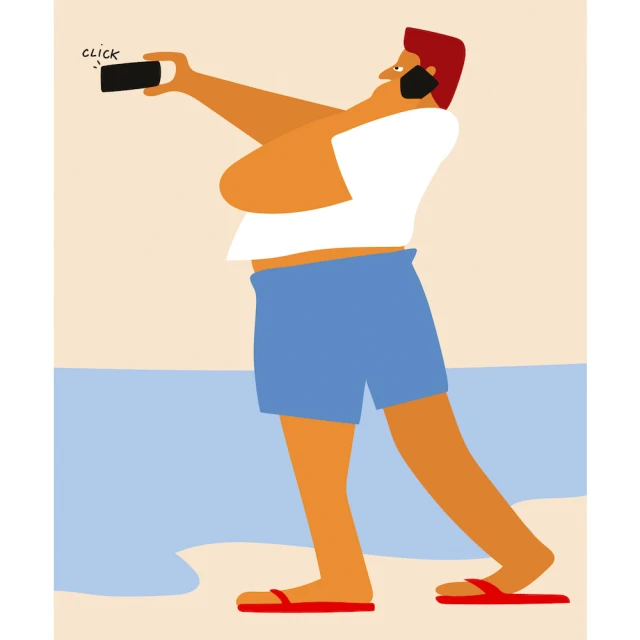 Illustration of a man taking a picture with a smartphone on a beach. He wears shorts, a T-shirt, and sandals. The ocean is behind him.