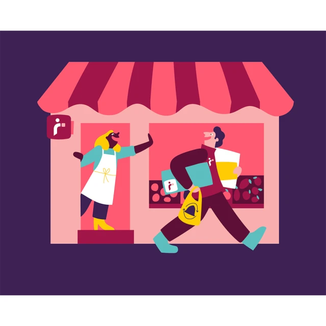 Illustration of a man carrying boxes leaving a store, greeted by the store owner, with a colorful, cartoonish style and flat design.