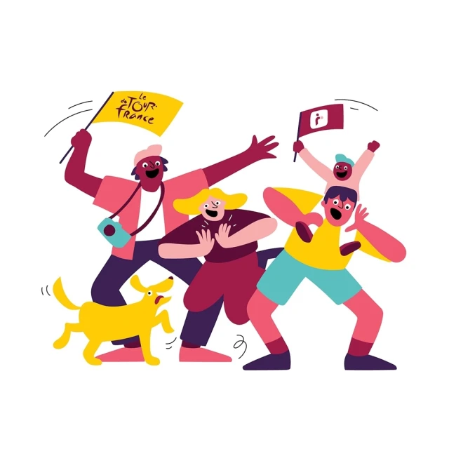 Illustration of people cheering at a race with flags, a dog, and a child on shoulders, all in a vector art style on white.