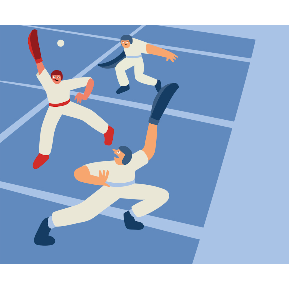 Illustration of three handball players wearing gloves and helmets, playing on a blue court with white lines and a white ball.