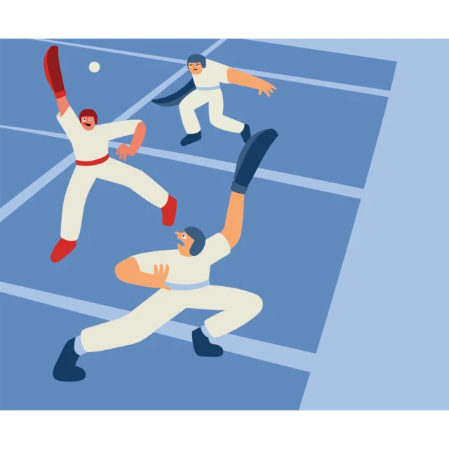 Illustration of three handball players wearing gloves and helmets, playing on a blue court with white lines and a white ball.