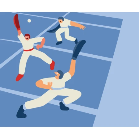 Illustration of three handball players wearing gloves and helmets, playing on a blue court with white lines and a white ball.