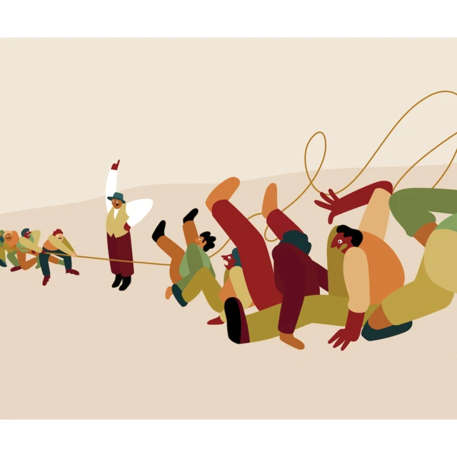 Illustration of a tug-of-war game with a group of people pulling a rope, while another group of people falls over from the force.