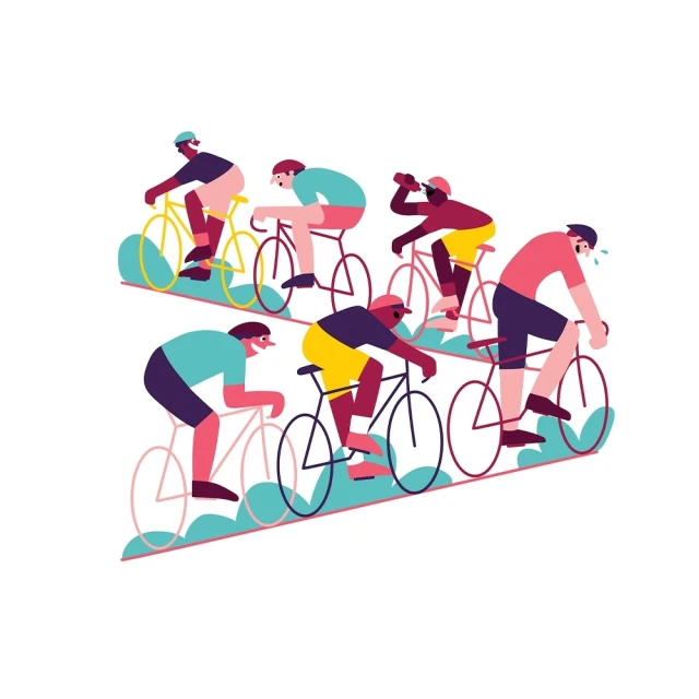 Illustration of a cycling race featuring six cyclists in colorful sportswear riding bikes on a simple course with green accents.