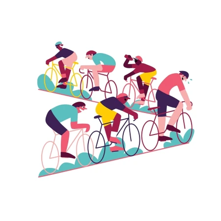 Illustration of a cycling race featuring six cyclists in colorful sportswear riding bikes on a simple course with green accents.