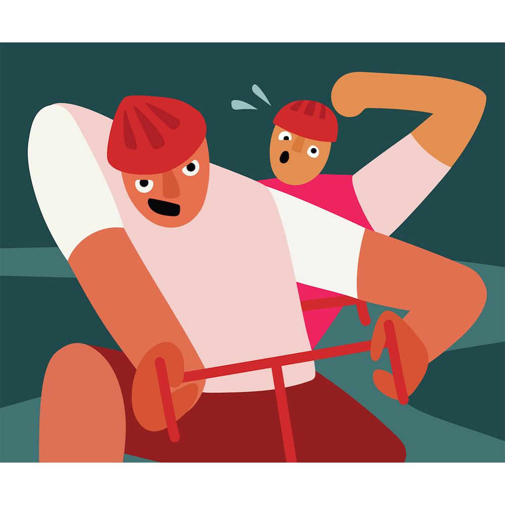 Illustration of two cyclists in red helmets and activewear, one riding on the back of the other, stylized vector art, indoors.
