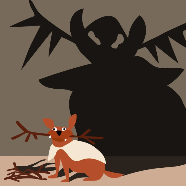 Whimsical illustration featuring a cartoon dog with a branch in its mouth, casting a large, spooky monster shadow on a neutral backdrop.