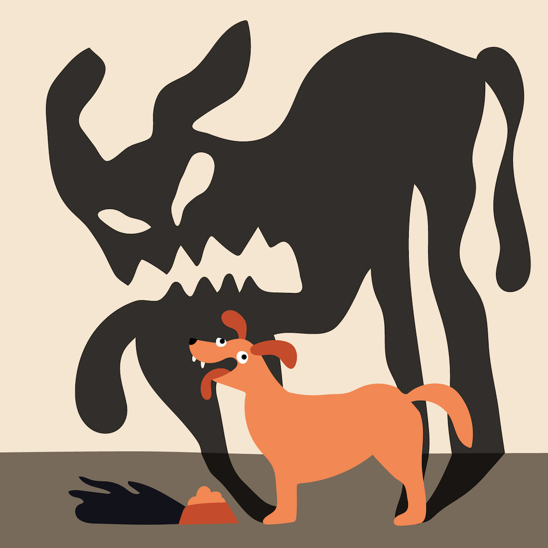 Illustration of an orange dog standing near a bowl, with a large, menacing shadow of a monster projected behind the canine.