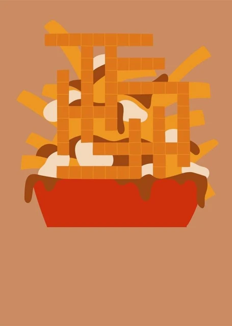 Stylized poutine illustration. A graphic depiction of french fries, gravy and cheese curds served in a red dish on a brown background.