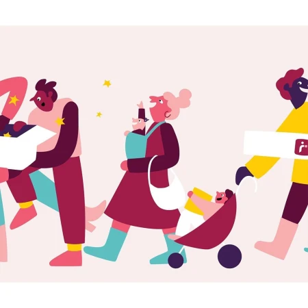 Illustration of a diverse group of people walking with boxes and a stroller against a pink background with small yellow stars.