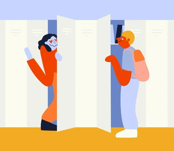 Illustration of two high school students standing by lockers: one student in love and another with a backpack.