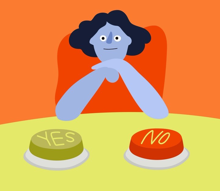 Cartoon-style illustration of an adult with two buttons, one labeled 'Yes' in green, the other 'No' in red, on a yellow surface.