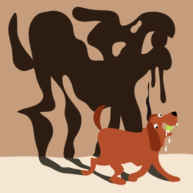 Illustration of a brown dog with a ball in its mouth, casting a dark, monstrous shadow on a beige background.