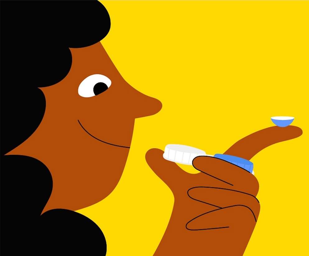 Illustration of an adult female holding contact lens case and a contact lens on her finger against a bright yellow background.