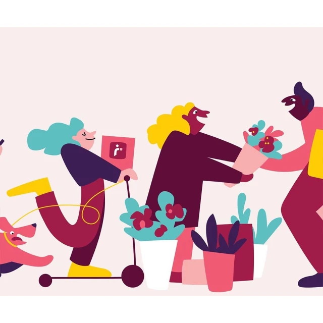 Stylized vector illustration of people and a dog with plants. One person is handing flowers to another, and a dog is running nearby.