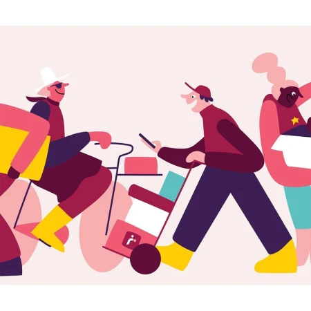 Illustration of people shopping, carrying boxes and pushing carts filled with items, rendered in a stylized, graphic art style.
