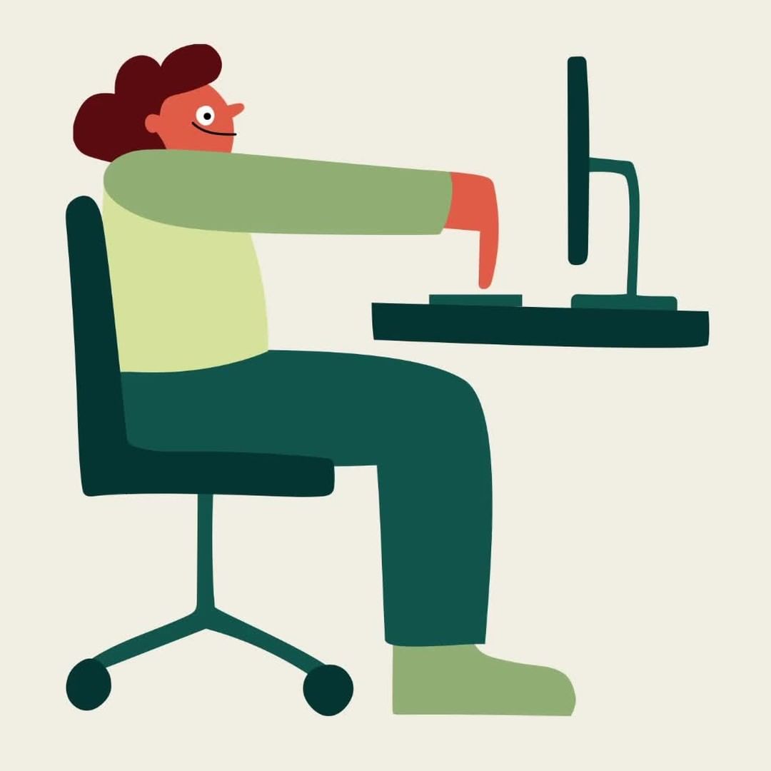Illustration of an adult typing on a computer at a desk, seated in a green rolling office chair, on a beige background in flat vector style.