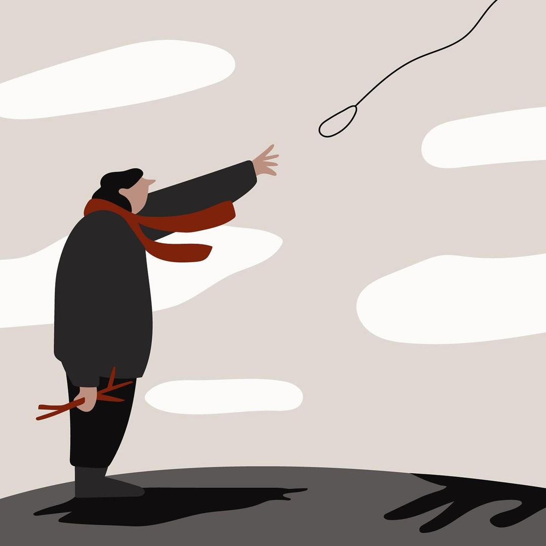 Illustrated image of a man reaching for a noose in the sky, with a bundle of sticks in hand, set against a backdrop of clouds and earth.