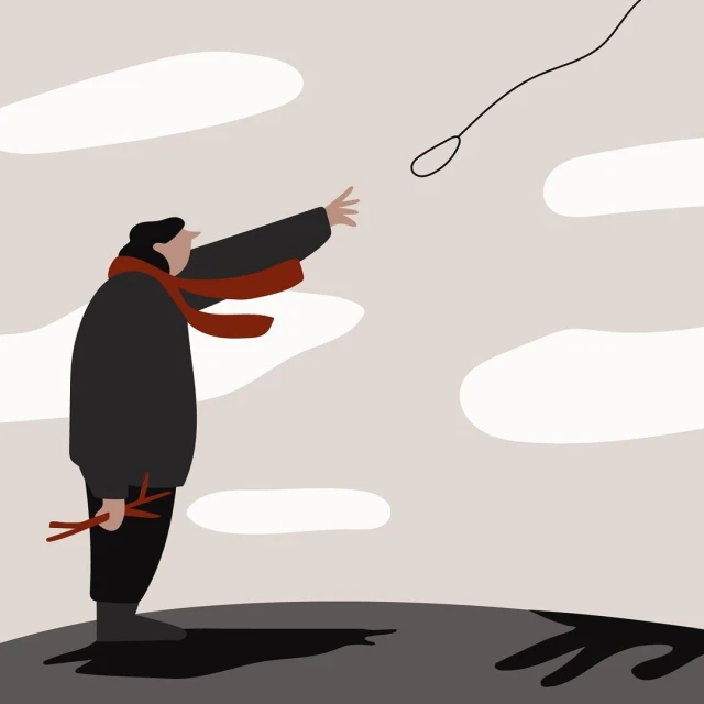 Illustrated image of a man reaching for a noose in the sky, with a bundle of sticks in hand, set against a backdrop of clouds and earth.