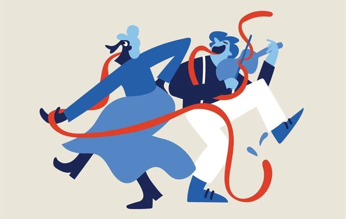 Stylized vector illustration of two figures dancing, connected by a red ribbon, showcasing a blend of artistry and joyous movement.