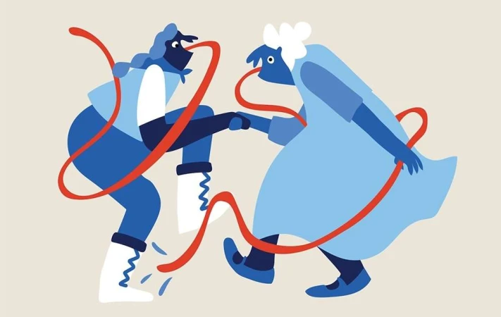 Illustration of two abstract figures with connected strands, rendered in a limited palette of blues and reds, on a neutral background.