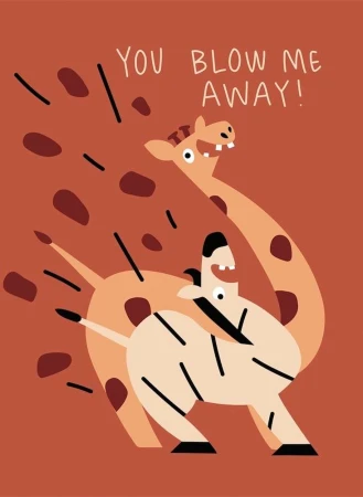 Illustration of giraffe and zebra in a friendly embrace, stylized with playful shapes and warm colors, on a solid orange background.