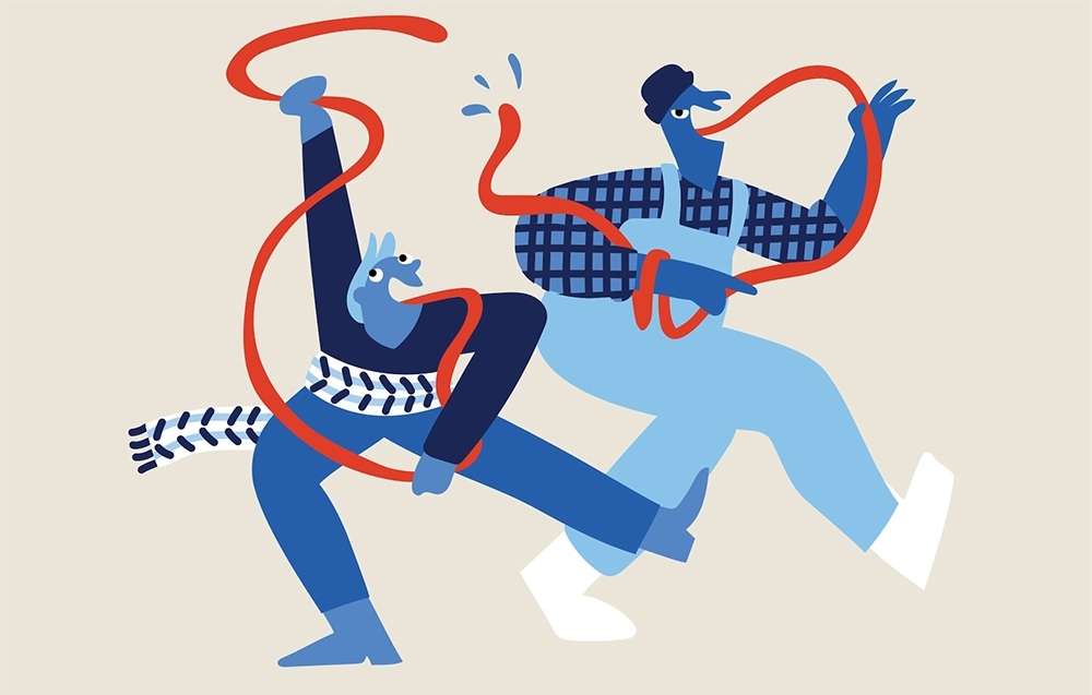 Illustration of two stylized blue people interacting with a red ribbon or tube on a beige background in a playful composition.