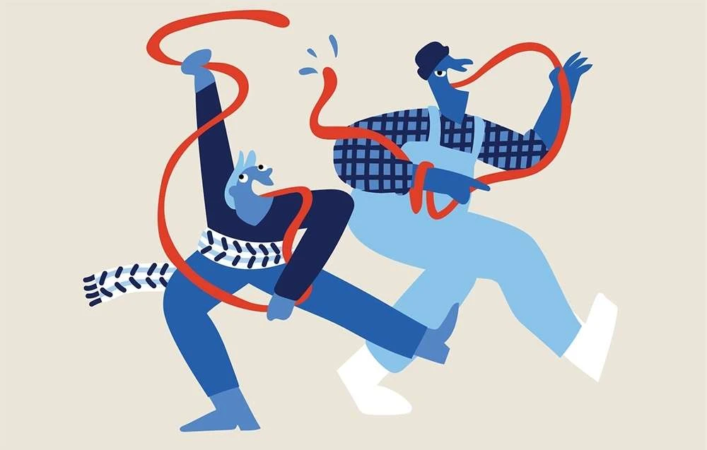 Illustration of two stylized blue people interacting with a red ribbon or tube on a beige background in a playful composition.