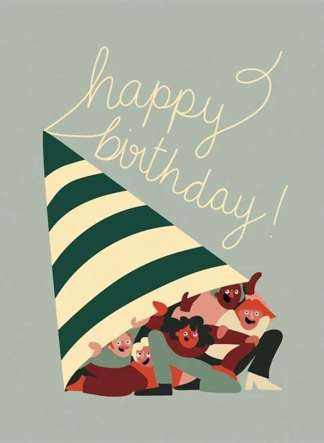 A group of people sit under a green and white striped party hat in an illustration for a happy birthday card on a gray background.
