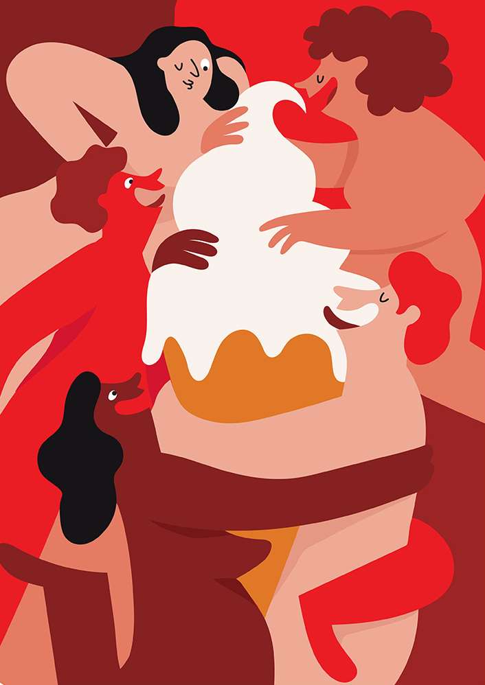 Illustration of five figures gathered around a large cone with white frosting against a red background.