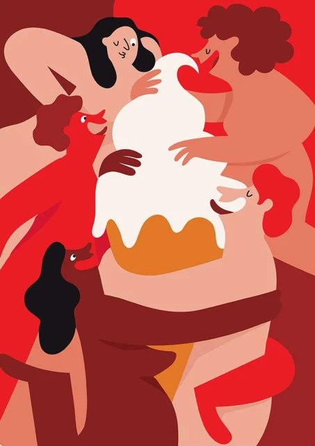 Illustration of five figures gathered around a large cone with white frosting against a red background.