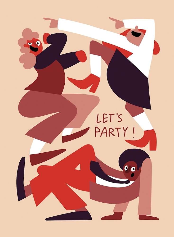 Illustration of three stylized figures dancing, with red shoes, set against a peach background with the text “Let’s Party!”