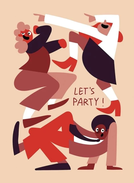 Illustration of three stylized figures dancing, with red shoes, set against a peach background with the text “Let’s Party!”