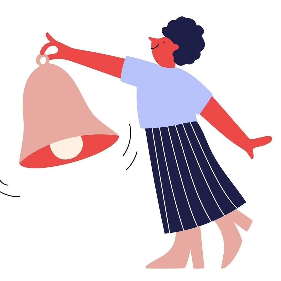 Illustrated woman rings a large bell. The artwork features flat, cartoon-style graphics with a limited color palette on a white background.
