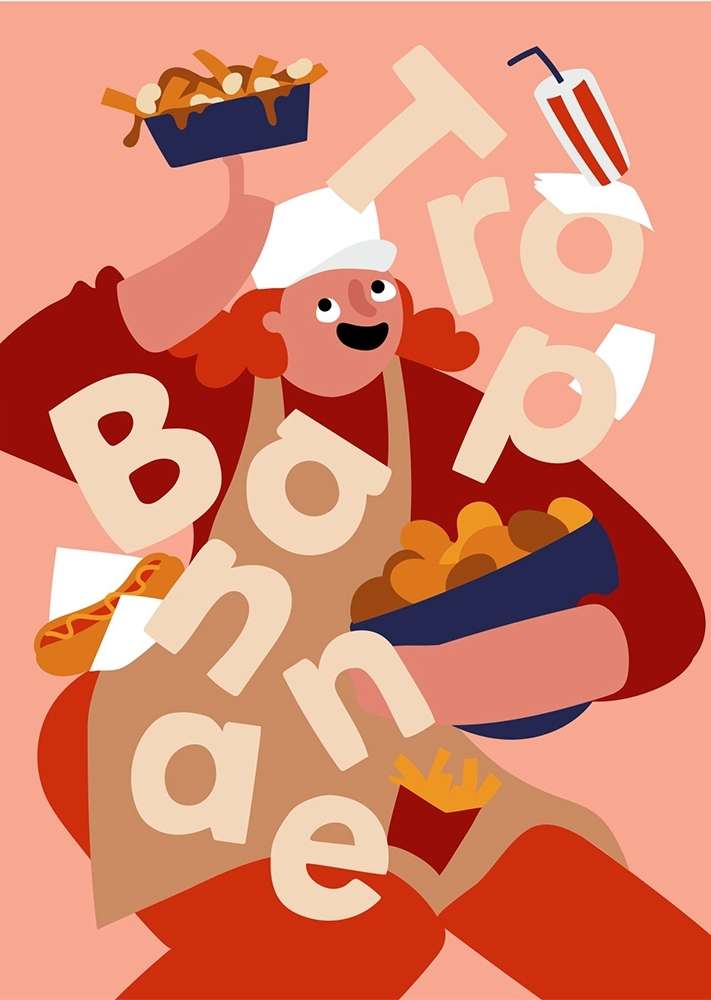 Illustration of a cheerful woman in a chef's hat holding fast food items, with colorful lettering in a cartoon style against a peach backdrop.
